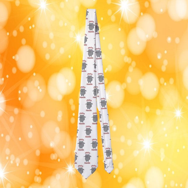 Gravata Fã de Flauta Gato Cinza Letras Rosa (A tie with a pattern of gray cats playing the flute with the words flute fanatic in pink.)