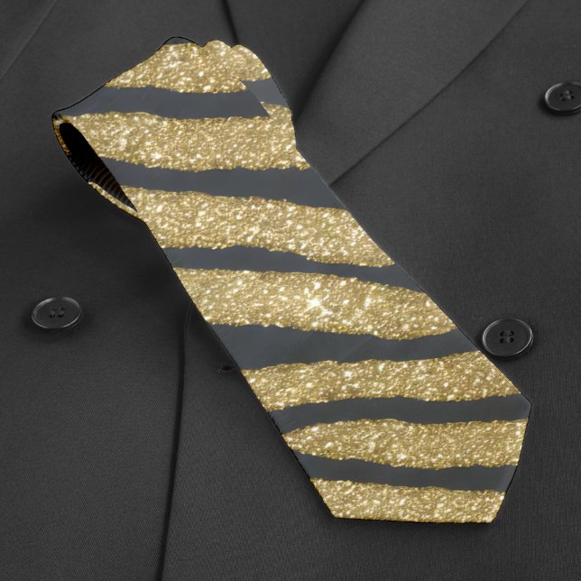 Gravata Faixa de Tigre de Zebra Brilhante, Dourada e brilh (Black & Gold Glitter Shiny Zebra Tiger Stripe Neck Tie)