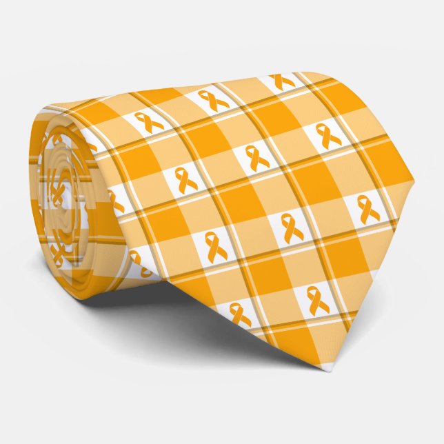 Gravata Faixa Xadrez Laranja de Conscientização da Leucemi (Rolled)