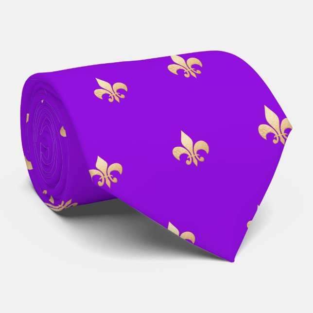 Gravata Falso Fleur de lis Dourado em Neon Roxo DIY  (Rolled)