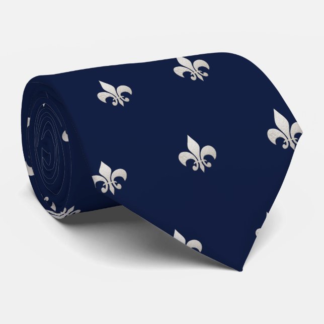 Gravata Falso Fleur de lis Prata Azul Marinho DIY  (Rolled)