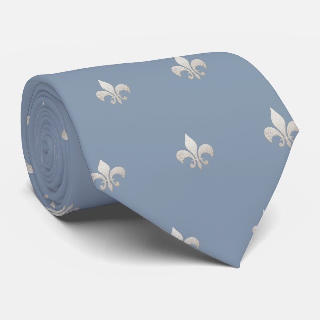 Gravata Falso Fleur de lis Prata DIY Azul Empoeirado (Rolled)