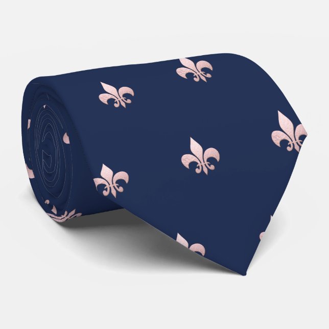 Gravata Falso Fleur de Lis Rosa Dourado DIY Azul Marinho (Rolled)