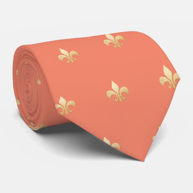 Gravata Falso Ouro Fleur de lis DIY Coral Laranja (Rolled)
