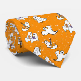 Gravata Fantasmas bonitos do Halloween em fundo laranja