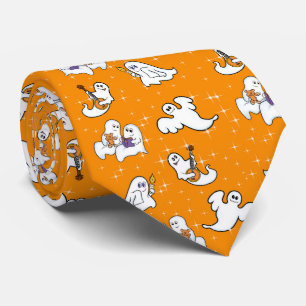 Gravata Fantasmas bonitos do Halloween em fundo laranja