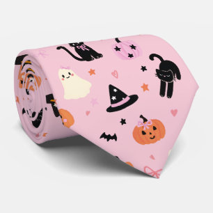 Gravata Fantasmas Gatos e Abóboras Cor-de-Rosa de Hallowee