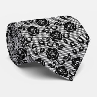 Gravata Faux Black Lace Neck Tie Fishnet with Roses