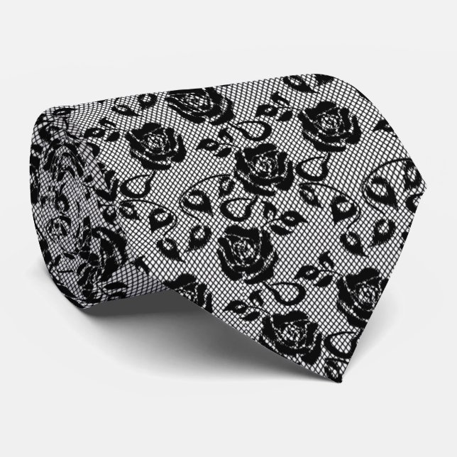 Gravata Faux Black Lace Neck Tie Fishnet with Roses (Rolled)
