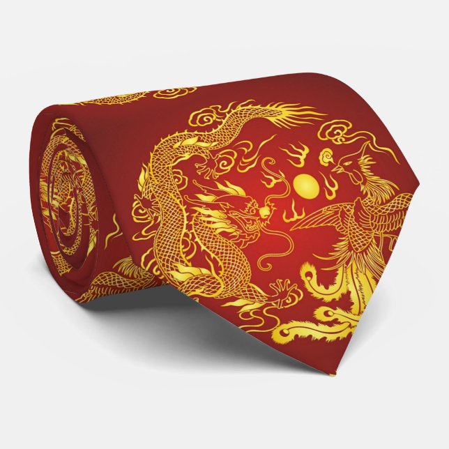 Gravata Favor de Casamento Dragão Vermelho Dourado e Fênix (Rolled)