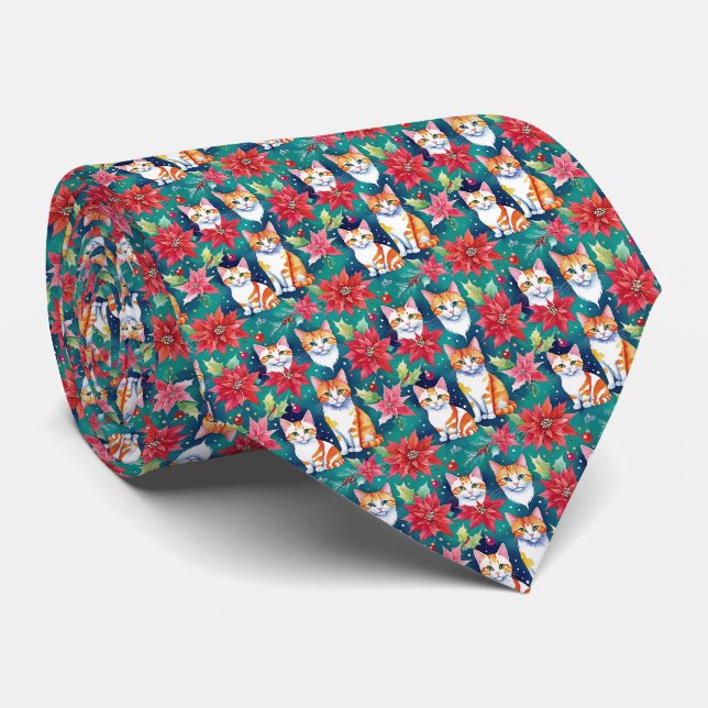 Gravata Felinos De Natal Com Poinsettias (Rolled)
