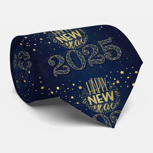 Gravata Feliz ano novo 2020 Dourado no Marinho profundo az (Rolled)