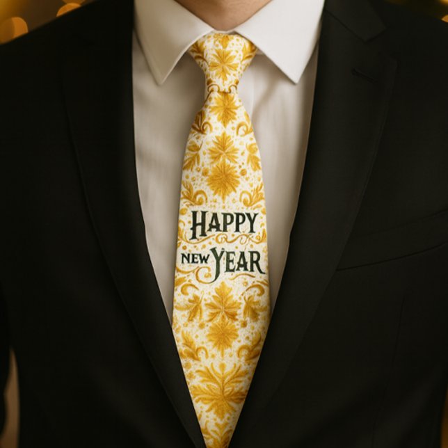 Gravata Feliz Ano Novo Dourado (Holiday style, gold flourish Happy New Year tie for a well dressed man )