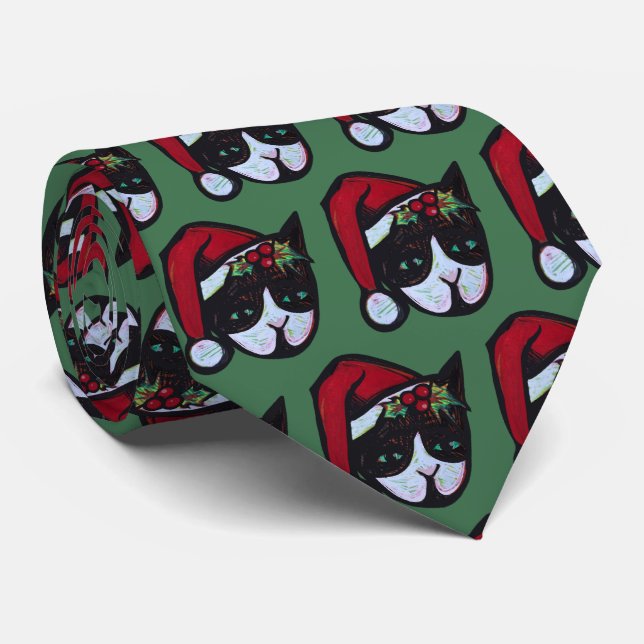Gravata Feliz Natal Black and White Cat (Rolled)