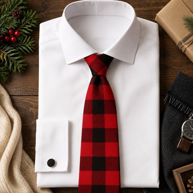 Gravata feriado de inverno rústico xadrez de búfalo vermel (rustic winter holiday red black buffalo plaid neck tie)