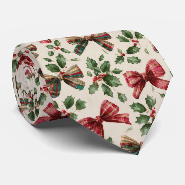 Gravata Festive Bow and Holly Christmas Pattern  (Rolled)