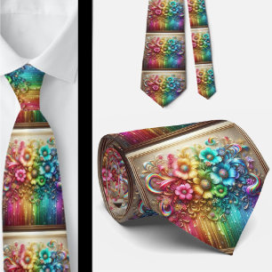Gravata Flamboyant Flores de Arco-Íris com Brilh