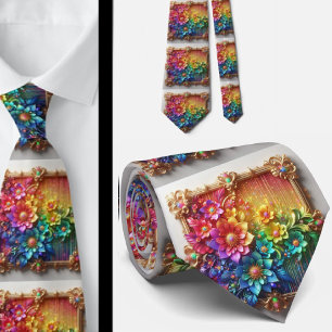 Gravata Flamboyant Flores de Arco-Íris com Brilh