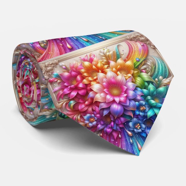 Gravata Flamboyant Neck Tie | Rainbow Flowers Faux Glitter (Rolled)