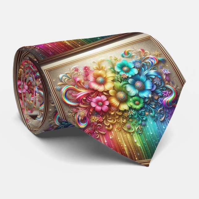 Gravata Flamboyant Neck Tie | Rainbow Flowers Faux Glitter (Rolled)