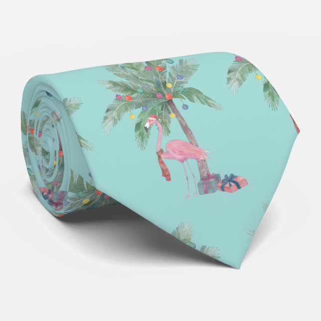 Gravata Flamingo Azul em Chapéu de Papai Noel com Palmeira (Rolled)