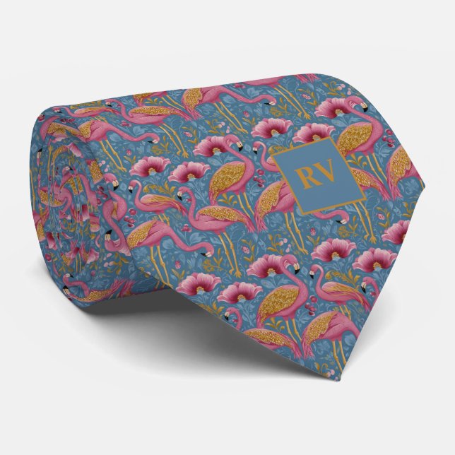 Gravata Flamingos com Penas Douradas em Azul (Rolled)