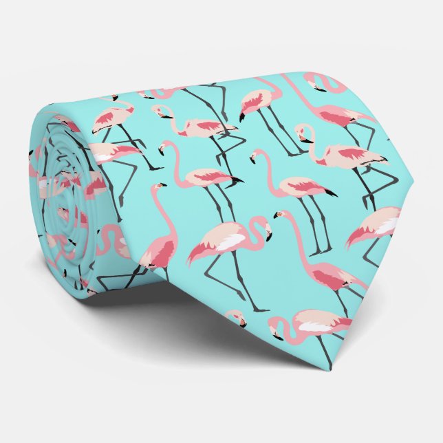 Gravata Flamingos cor-de-rosa no azul-aquático (Rolled)