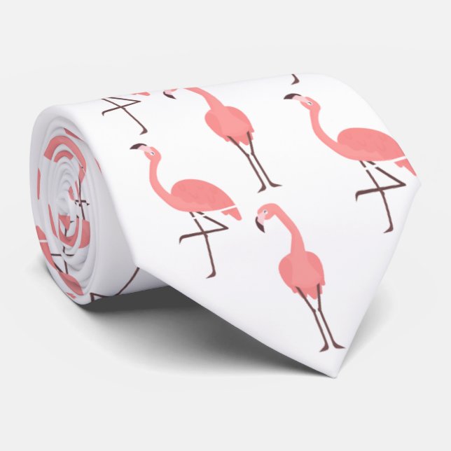 Gravata Flamingos Rosa Em Branco (Rolled)