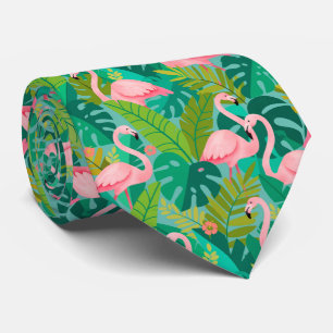 Gravata Flamingos Rosa Tropical Folhagem da Selva