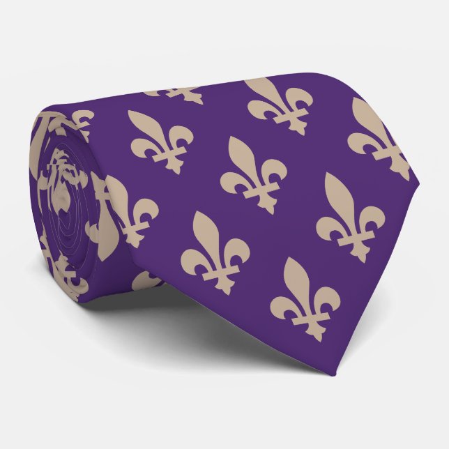 Gravata Fleur de Lis Pattern, Royal French Cream on Purple (Rolled)