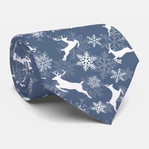 Gravata Flocos de neve azul no padrão de veado no Natal