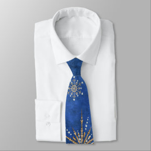 Gravata Flocos de neve de Natal Feriado Azul e Dourado