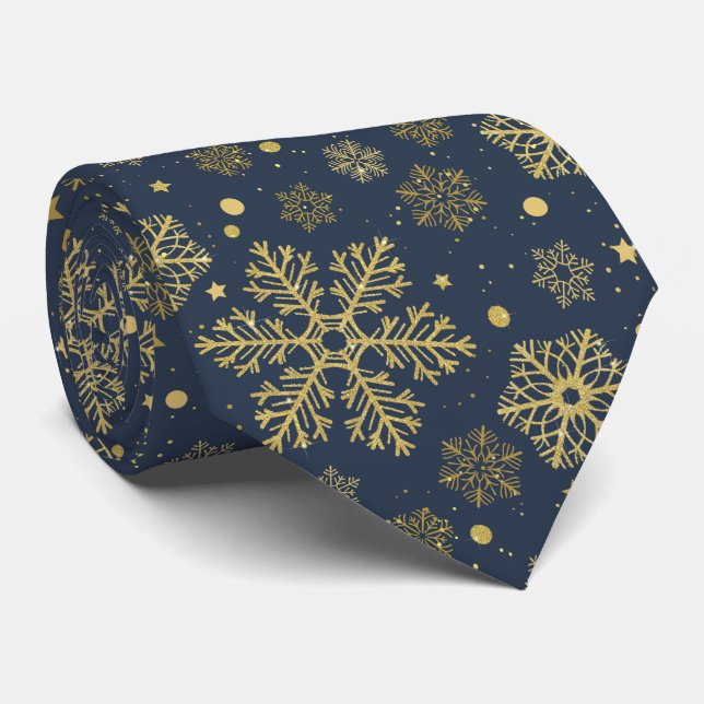 Gravata Flocos de neve do ouro no marinho (Rolled)
