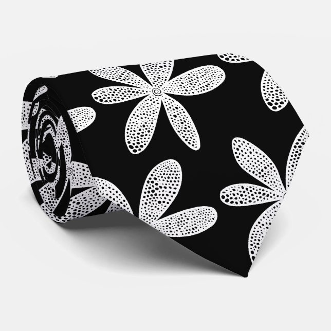 Gravata Flor bonito - Branco sobre Preto (Rolled)