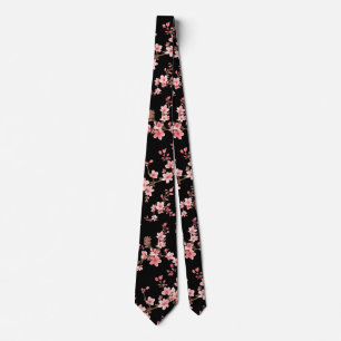 Gravata Flor de Cerejeira Japonesa Rosa Corado Preto