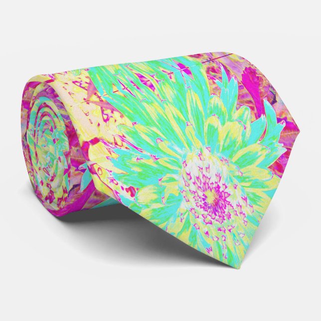 Gravata Flor de Dália Amarelo e Magenta Decorativa (Rolled)