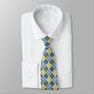 Gravata Flor Diamante Azul Geométrico e Amarelo