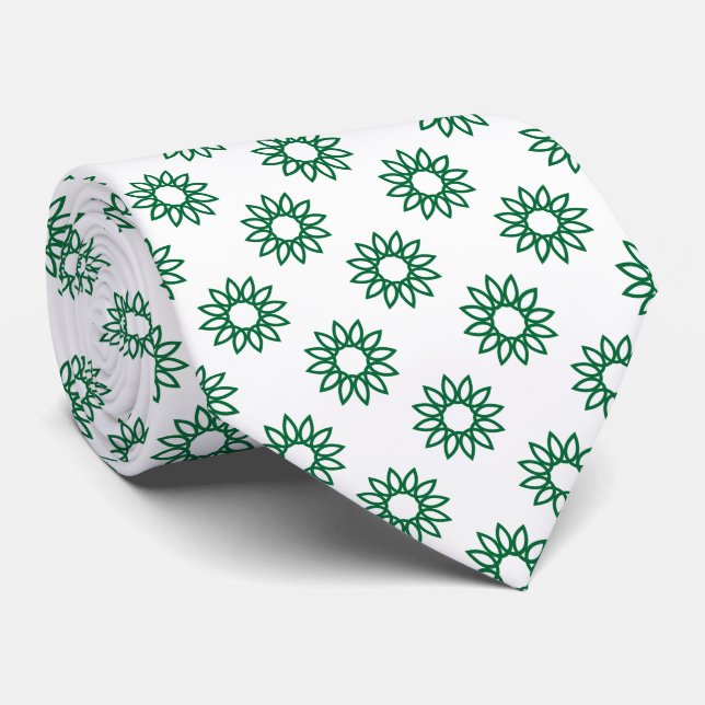 Gravata Flor Geométrico 01 - Floresta Verde em Branco (Rolled)