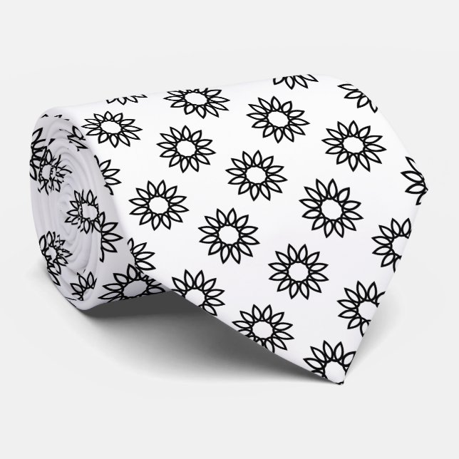 Gravata Flor Geométrico 01 - Preto em Branco (Rolled)