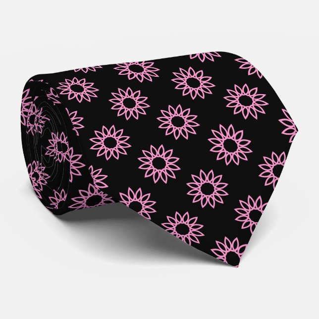 Gravata Flor Geométrico 01 - Rosa em Preto (Rolled)