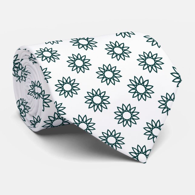 Gravata Flor Geométrico 01 - Verde Escuro em Branco (Rolled)