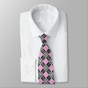 Gravata Flor Geométrico Diamante Cinza e Rosa de dois lado