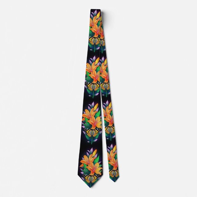 Gravata Flor laranja em fundo estrelado preto (Frente)