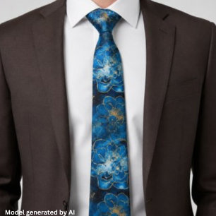 Gravata Florais Azul e Dourado Abstratos Elegantes
