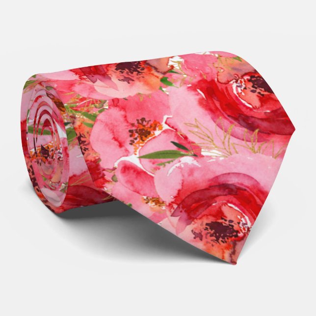 Gravata Florais de Aquarela Elegante Rosa (Rolled)
