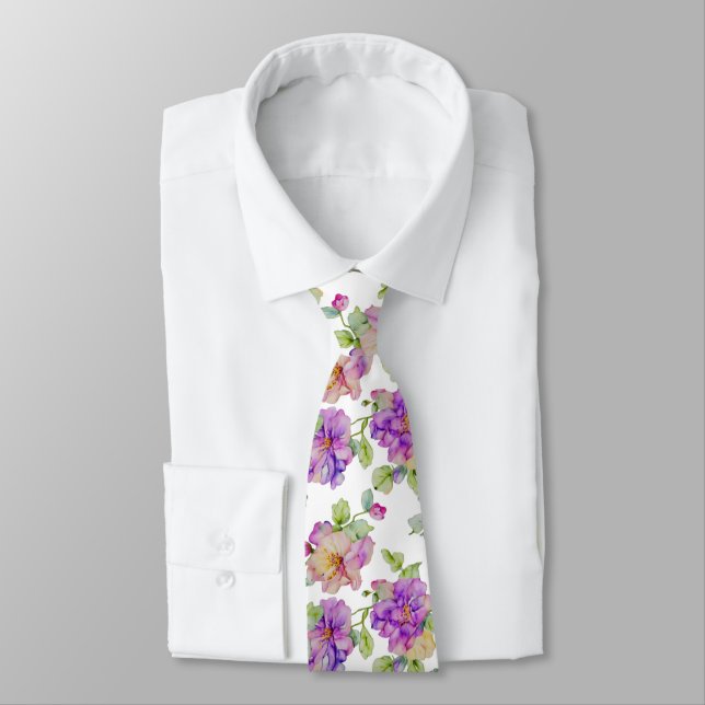 Gravata Florais em aquarela rosa roxo elegante (Amarrado)