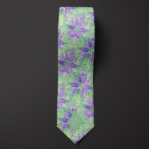 Gravata Floral Abstrato Lavanda e Verde Lima