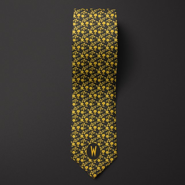 Gravata Floral Amarelo Creme de Manteiga sobre Preto (Criador carregado)