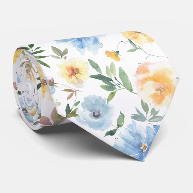 Gravata Floral Azul e Amarela (Rolled)