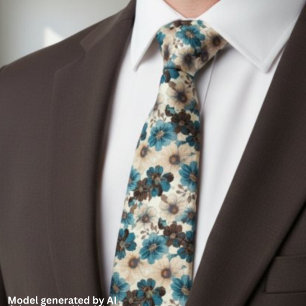 Gravata Floral Azul Marrom Retro
